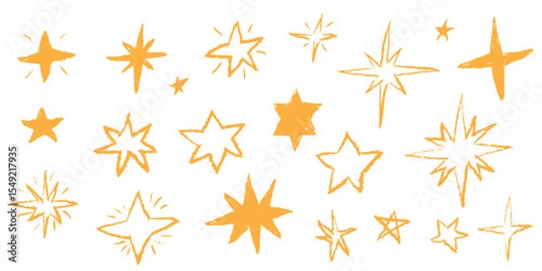 Fototapeta Pastel hand drawn stars with crayon and chalk texture. Cute sketch icon pattern with pencil lines and marker strokes. Vector twinkle sparkle elements like magic fireworks or comet shapes.