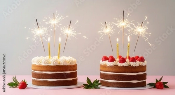 Fototapeta Two birthday cakes with sparklers and strawberries on a pink surface.