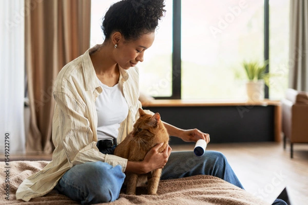 Obraz Woman using lint roller while holding ginger cat on bed