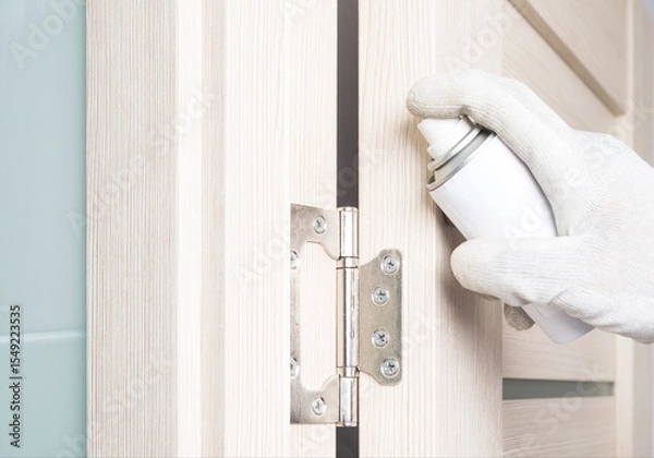 Fototapeta close up of door hinge being lubricated with silicone from a pressure can
