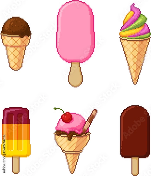 Fototapeta Assorted ice cream icons in pixel art style on white background. Includes popsicles, cones, scoops, and swirl. Fun and nostalgic dessert collection. Vector illustration.