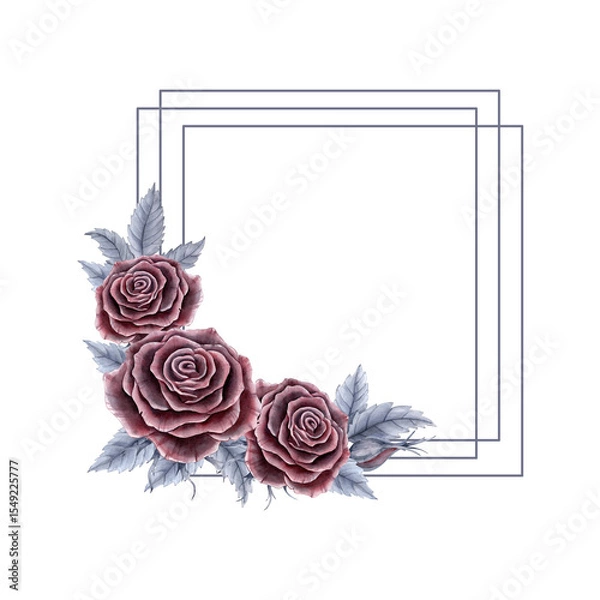 Fototapeta A square frame with red roses and gray leaves. Watercolor illustration for postcards, labels, and packaging.