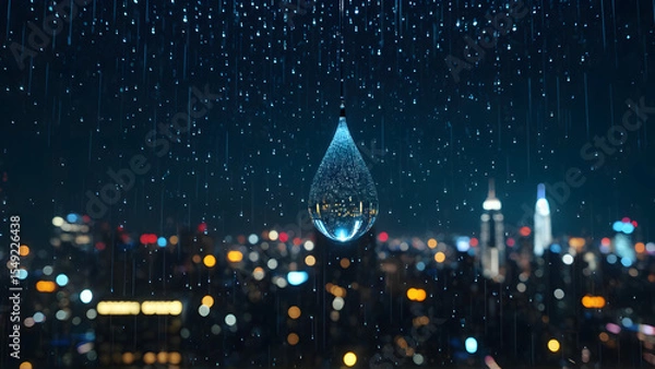 Fototapeta A solitary raindrop captures the soul of a cyberpunk metropolis — within its tiny sphere, a universe of glowing towers, drifting holograms, and endless motion blurs into a dream. A moment suspended in