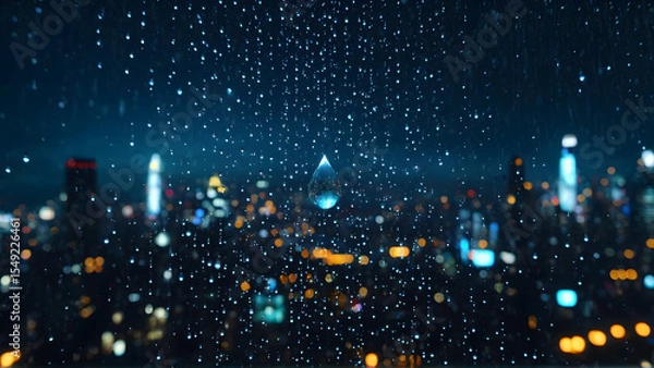 Fototapeta A solitary raindrop captures the soul of a cyberpunk metropolis — within its tiny sphere, a universe of glowing towers, drifting holograms, and endless motion blurs into a dream. A moment suspended in