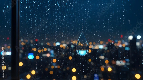 Fototapeta A solitary raindrop captures the soul of a cyberpunk metropolis — within its tiny sphere, a universe of glowing towers, drifting holograms, and endless motion blurs into a dream. A moment suspended in