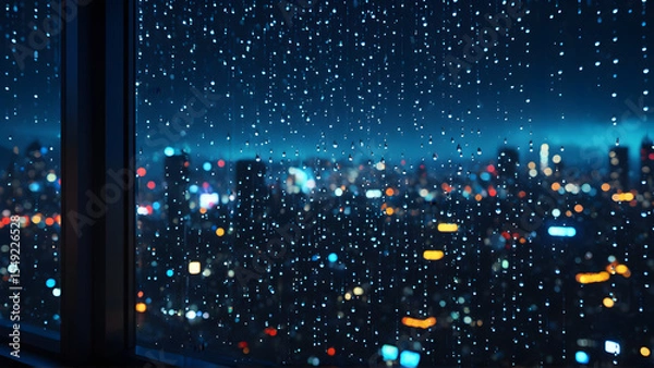 Fototapeta A solitary raindrop captures the soul of a cyberpunk metropolis — within its tiny sphere, a universe of glowing towers, drifting holograms, and endless motion blurs into a dream. A moment suspended in