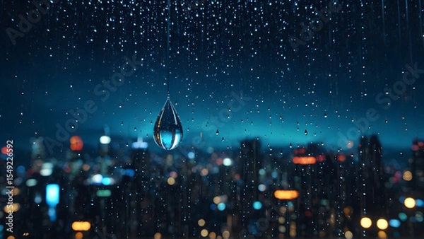 Fototapeta A solitary raindrop captures the soul of a cyberpunk metropolis — within its tiny sphere, a universe of glowing towers, drifting holograms, and endless motion blurs into a dream. A moment suspended in