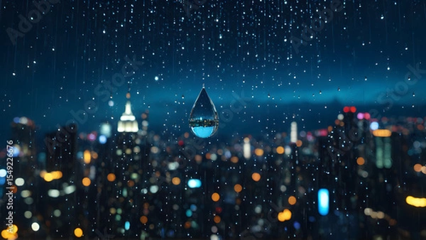 Fototapeta A solitary raindrop captures the soul of a cyberpunk metropolis — within its tiny sphere, a universe of glowing towers, drifting holograms, and endless motion blurs into a dream. A moment suspended in