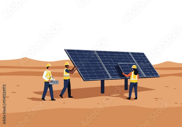 Fototapeta Construction team installs a solar panel in a desert landscape. A collaborative effort, showcasing a modern renewable energy project. Bright, clean, and professional.