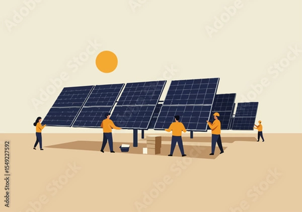 Fototapeta Solar panel installation team celebrates a successful project completion. Bright sunlight and a modern setting showcase teamwork and sustainable energy. Team Finish!