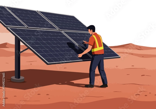 Fototapeta A technician adjusts a solar panel array on a desert landscape. Clear, professional image for renewable energy concepts and technology visuals.