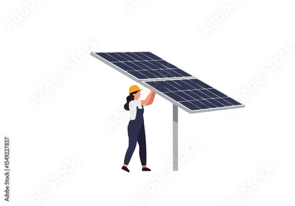 Fototapeta Female worker installs solar panel, showcasing sustainable energy. Clean, modern illustration with a professional setting. Ideal for environmental or renewable energy concepts.