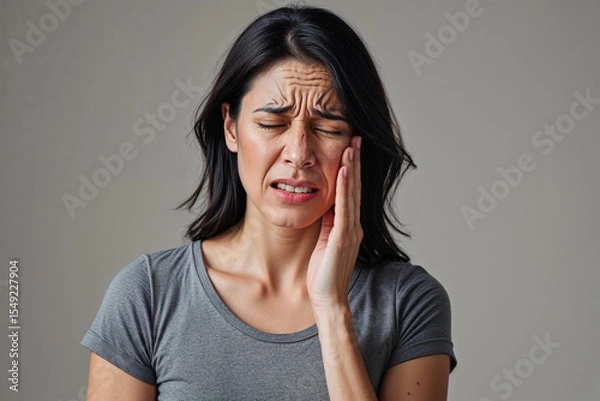 Obraz Woman with Discomfort Expression, Touching Face in Gray T-Shirt with Neutral Background