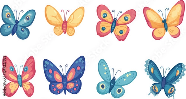 Fototapeta Collection of Colorful Cartoon Butterflies on a White Background Isolated