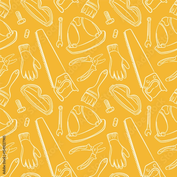 Fototapeta Seamless pattern with construction tools and safety equipment in line art style on yellow background.