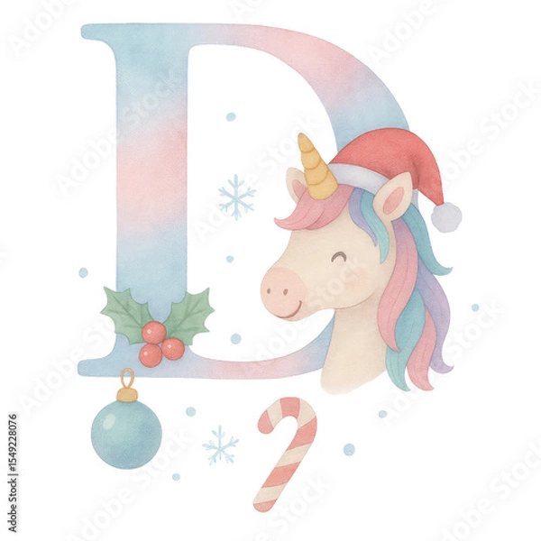 Fototapeta A whimsical watercolor Christmas alphabet set from A to Q, each letter uniquely painted in soft pastel gradients of blue, pink, and lavender. Every capital letter features a cute unicorn.
