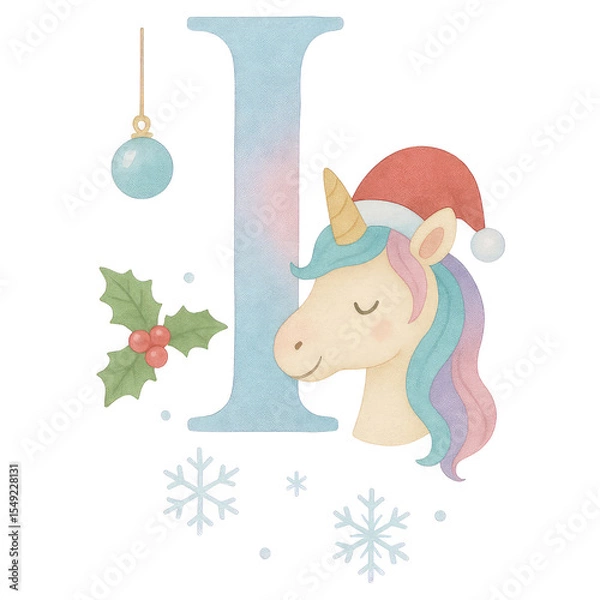 Fototapeta A whimsical watercolor Christmas alphabet set from A to Q, each letter uniquely painted in soft pastel gradients of blue, pink, and lavender. Every capital letter features a cute unicorn.