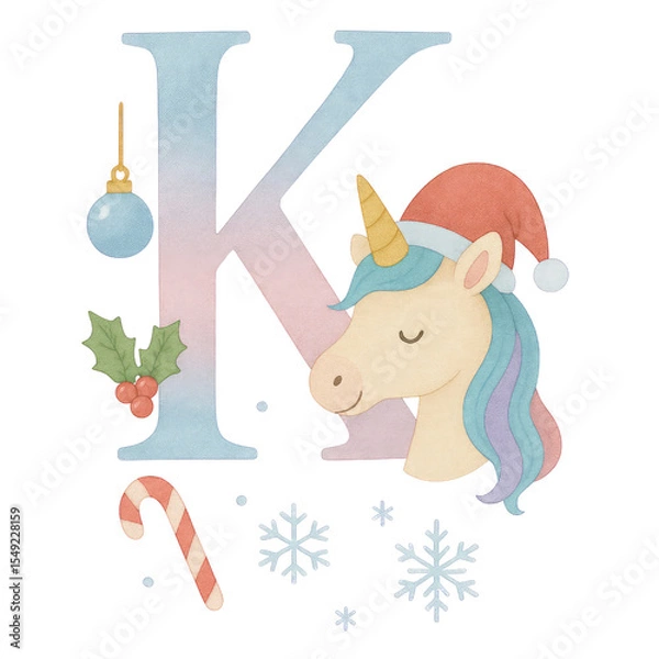 Fototapeta A whimsical watercolor Christmas alphabet set from A to Q, each letter uniquely painted in soft pastel gradients of blue, pink, and lavender. Every capital letter features a cute unicorn.