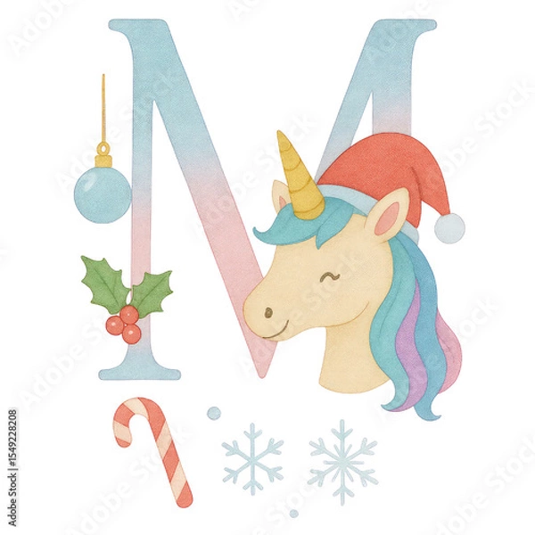 Fototapeta A whimsical watercolor Christmas alphabet set from A to Q, each letter uniquely painted in soft pastel gradients of blue, pink, and lavender. Every capital letter features a cute unicorn.