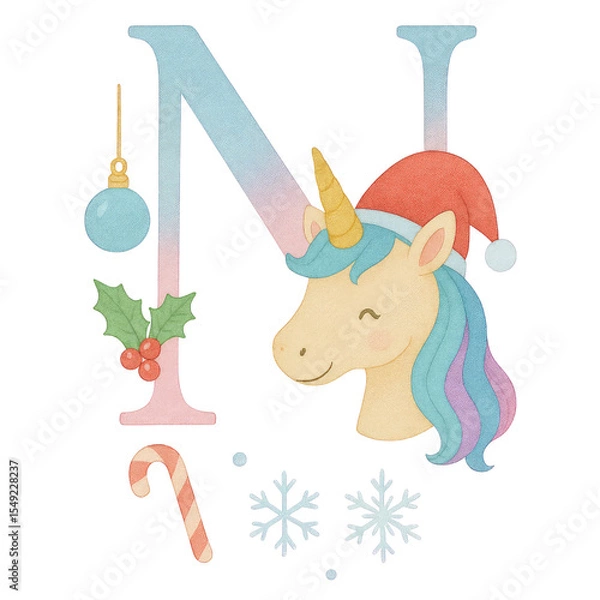Fototapeta A whimsical watercolor Christmas alphabet set from A to Q, each letter uniquely painted in soft pastel gradients of blue, pink, and lavender. Every capital letter features a cute unicorn.