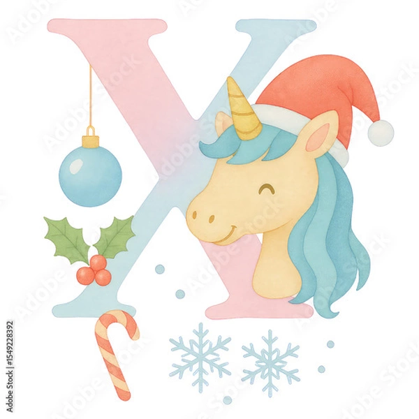 Fototapeta A whimsical watercolor Christmas alphabet set from A to Q, each letter uniquely painted in soft pastel gradients of blue, pink, and lavender. Every capital letter features a cute unicorn.