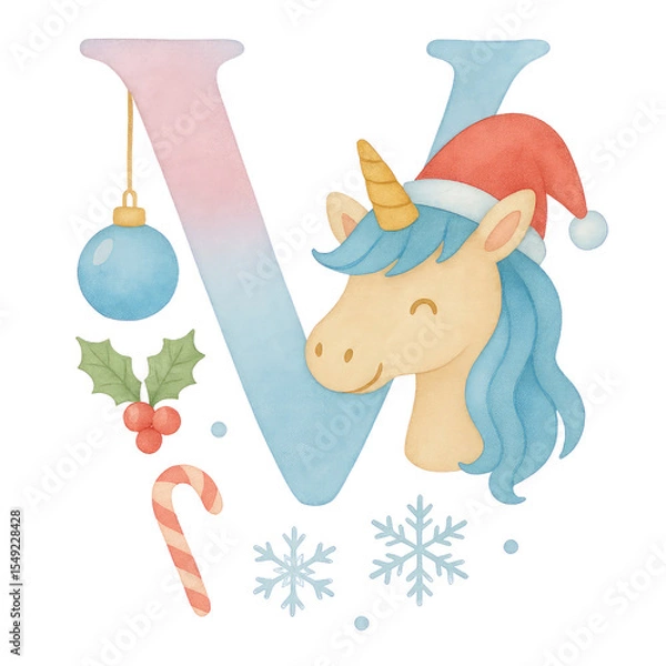 Fototapeta A whimsical watercolor Christmas alphabet set from A to Q, each letter uniquely painted in soft pastel gradients of blue, pink, and lavender. Every capital letter features a cute unicorn.