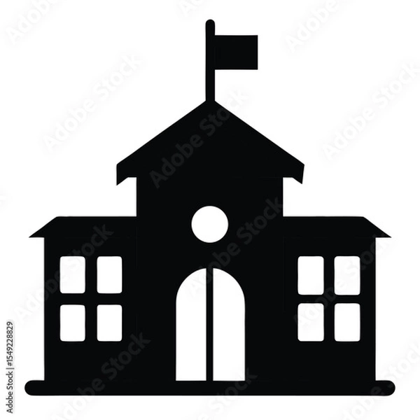 Fototapeta  Black vector silhouette of school institution with flag, representing education, learning, and academic architecture