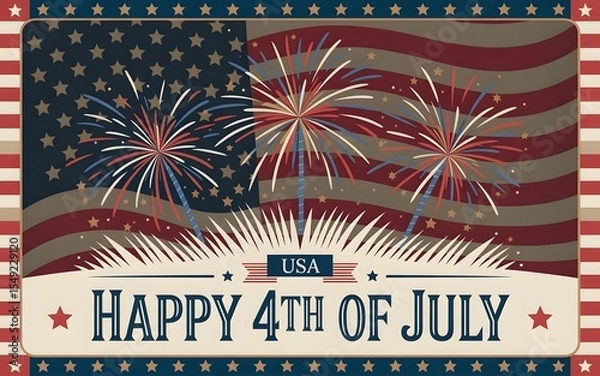 Fototapeta Happy 4th of July Typography Fireworks with stars border & Flag Banner