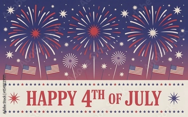 Fototapeta Happy 4th of July Typography Fireworks with stars border & Flag Banner