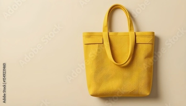 Fototapeta yellow textured tote bag with long handles, flat lay on neutral background, minimal shadows, modern fabric texture, isolated product mockup
