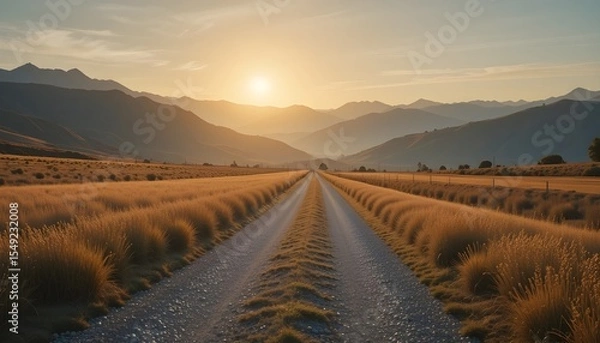 Fototapeta Country path made of gravel, surrounded by golden grass, fading sunlight behind distant mountain range, dreamy and tranquil atmosphere