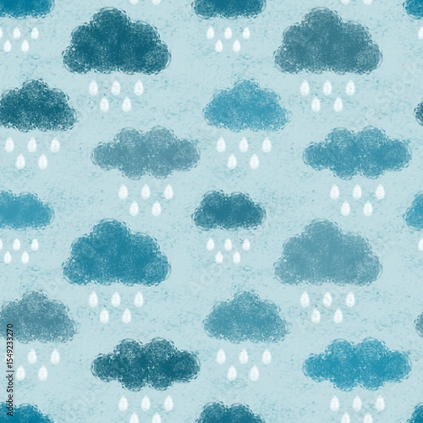 Obraz Watercolor cloud and rain on blue sky. Cute raining clouds seamless pattern vector. Rainy day. Simple design for fabric, textile, kid cloth, baby dress, bedsheet, pajama, clothing, print, paper, card.