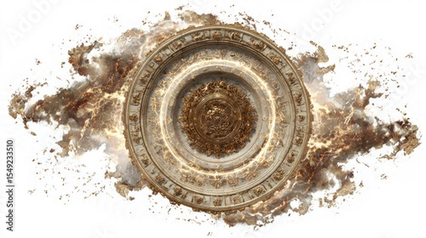 Obraz Ancient spell portal with golden runes, swirling fire-like energy, white background