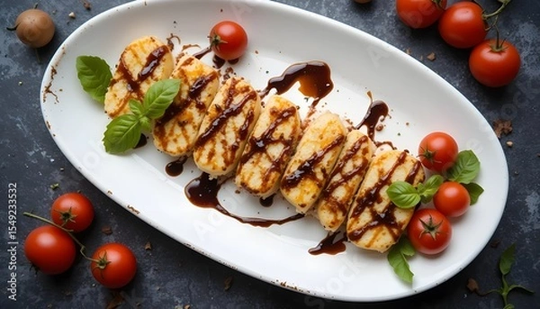 Fototapeta Grilled halloumi slices on a white plate, drizzled with balsamic glaze, cherry tomatoes and basil garnish, 