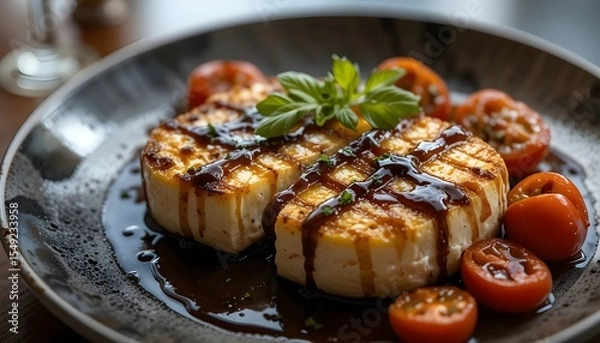 Fototapeta alloumi cheese grilled to perfection, paired with roasted tomatoes and a glossy balsamic glaze, 