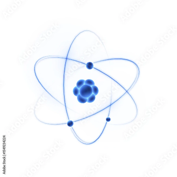 Obraz 3D model of atom with bright electron orbits on white background. Scientific symbol for projects on physics, nanotechnology, education and chemistry. Vector