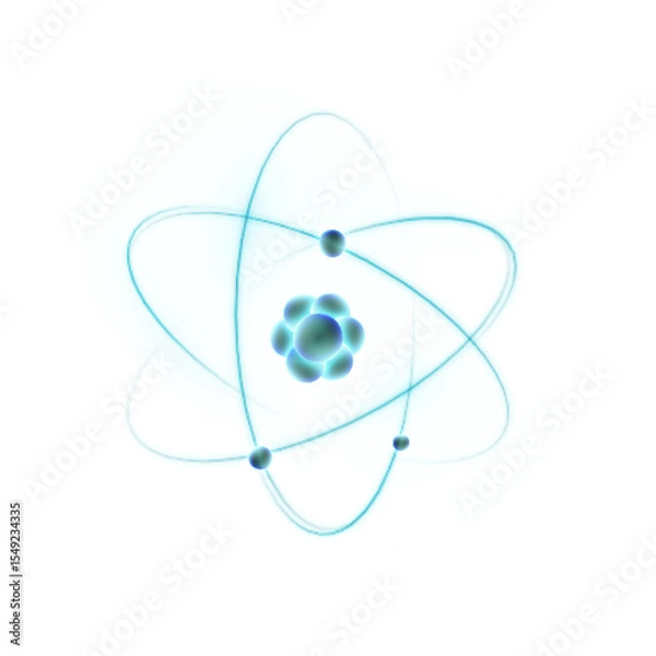 Obraz 3D model of atom with bright electron orbits on white background. Scientific symbol for projects on physics, nanotechnology, education and chemistry. Vector