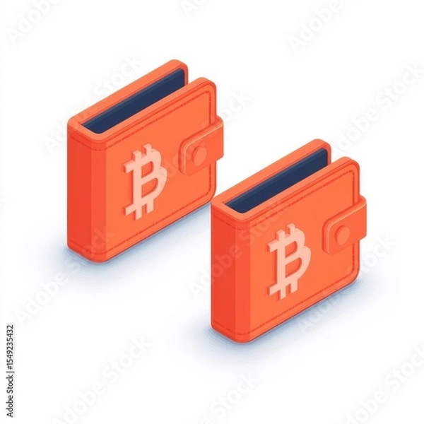 Fototapeta Two orange digital wallets with Bitcoin symbols, representing cryptocurrency storage and management in a modern, minimalist isometric style.