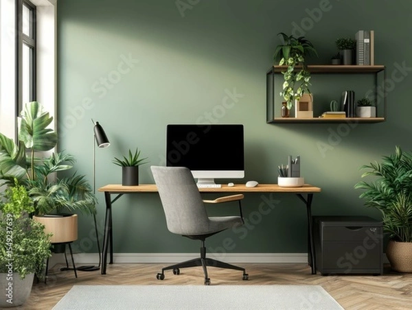 Fototapeta premium quality image of Mockup blank wall poster template in modern design office interior. Ai generative high detail