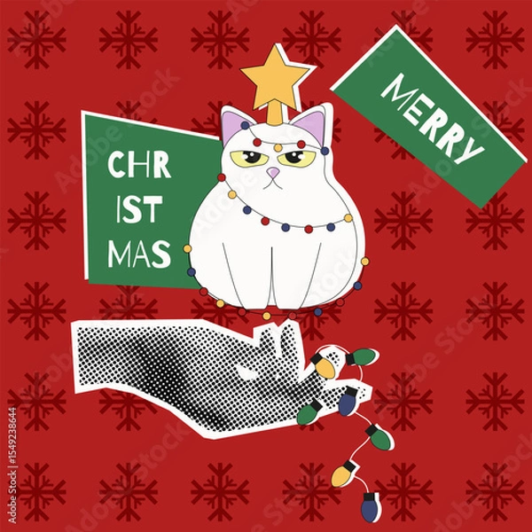 Fototapeta Merry Christmas Halftone Collage with flat cat in garland. Funny Christmas pop art with Typography. Holiday overlay vector illustration.  Xmas Background cover template design. EPS 10