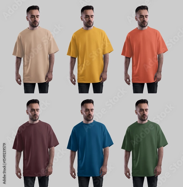 Fototapeta Mockup of a colored oversized t-shirt on a bearded guy in black jeans, front view, isolated on a background. Set