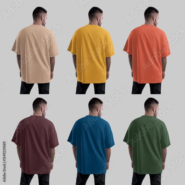 Fototapeta Template of a bright oversized t-shirt on a bearded guy in black jeans, back view, for design, branding, advertising. Set