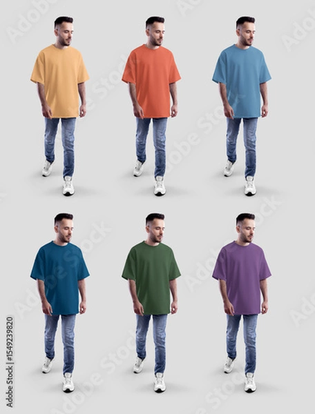 Fototapeta Template of a bright oversized t-shirt on a walking guy in jeans, sneakers, full height, front, for design, pattern, branding. Set