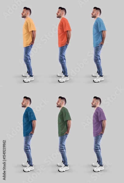Fototapeta Mockup of a bright oversized t-shirt on a bearded guy in jeans, sneakers, full length, side view, for design, branding. Set