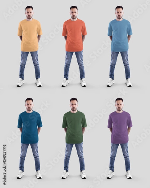 Fototapeta Template of a bright oversized t-shirt for a guy, hands in jeans pockets, full height, front view, for design, branding, advertising. Set