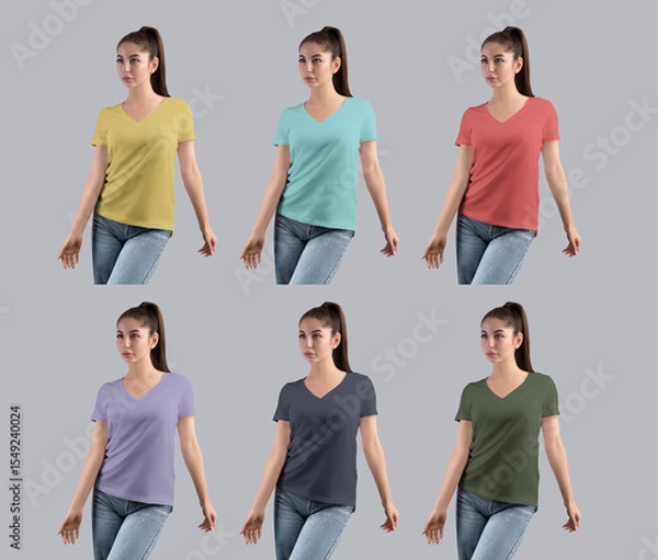 Fototapeta Mockup of a colorful t-shirt with a v-neck on a girl in jeans, front view, isolated on a background. Set