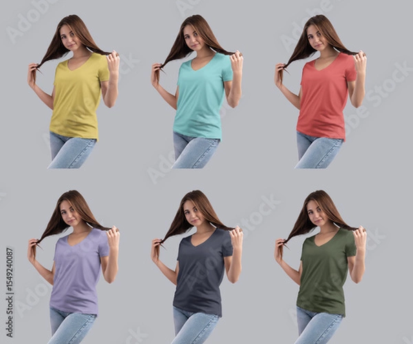 Fototapeta Mockup of a bright v-neck t-shirt on a girl in blue jeans, front view, isolated on background. Set