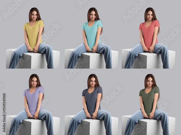 Fototapeta Mockup of a bright v-neck t-shirt on a girl, sitting on a cube, front view, isolated on background. Set