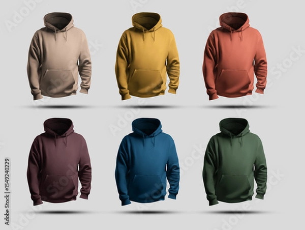 Fototapeta Mockup of bright men's hoodies oversized 3D rendering, front view, isolated on background, set