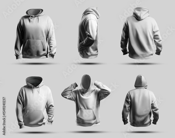 Fototapeta White male hoodie mockup 3D rendering, front, back, side view, isolated on background, set